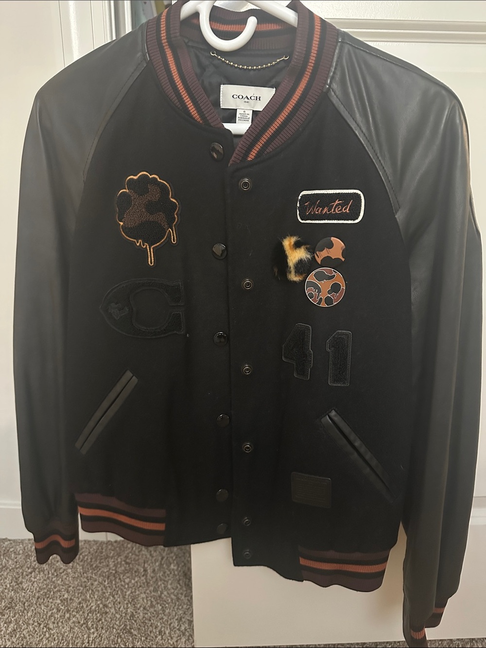 NEW, NEVER WORN: Coach Black Wool Varsity Jacket with Leather Sleeves an